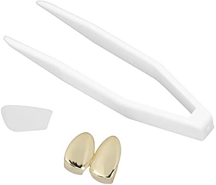 Messingüberzug Zahnspange, Modischer Metall Doppelzahn Dekoration Schmuck für Halloween Hip-Hop Street Party(Gold)