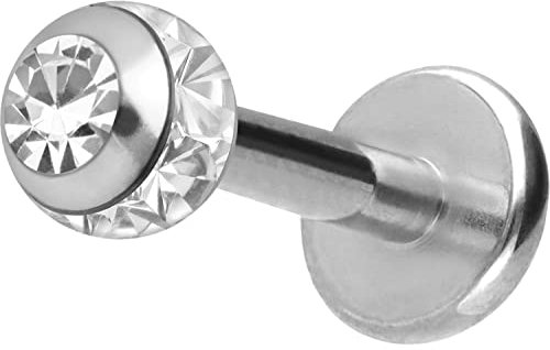 PIERCINGLINE Chirurgenstahl Labret Stecker EPOXY-RING-KUGEL + KRISTALL Piercing Lippe Ohr Nase Silberfarben 3 x 1,2 x 6 mm