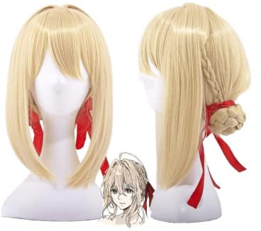 Bokerom Anime-Cosplay-Perücke, Frauen, cremige, goldene Zopfperücken für Violet Evergarden Rollenspiel-Perücken mit Perückenkappe, für tägliche Party Halloween