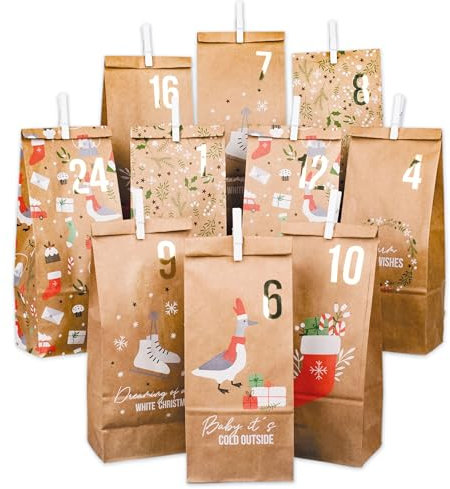 Papierdrachen Adventskalender 2024 zum Befüllen - 24 braune, nachhaltige Geschenktüten mit Zahlenaufklebern & Klammern - Weihnachtsmotiv - DIY Bastelset für Weihnachten