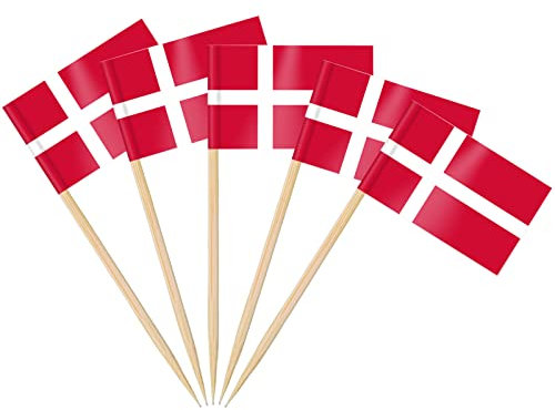 AhfuLife 100 Stück Dänemark Zahnstocher Flaggen, Dänische Deko Fahne Klein Mini Zahnstocher für 2025 Damen Fußball EM Eurovision WM Olympische Cupcake Topper Toothpick Cocktail Party Pub Deko