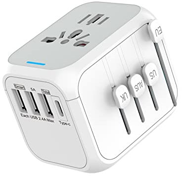 Reiseadapter Weltweit, Universal Steckdosenadapter Internationaler mit Kontrollleuchte Weltweit Unterstützt 3 USB und 1 Typ-C Reisestecker Adapter für Reise und Anschluss for EU UK AUS Asia Weiß