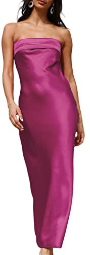 Realtix - Vestido largo de satén y seda para mujer, sin espalda con sujetador tipo bandó, espalda baja y diseño hueco, elegante, sin tirantes, para invitadas a bodas, Fucsia, Large