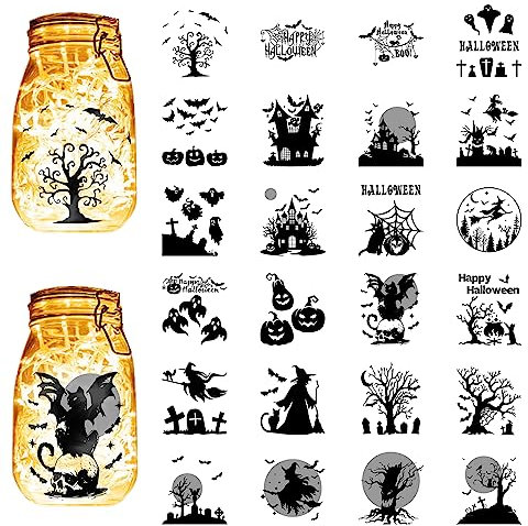 CREATCABIN 24 Stück Halloween-Silhouetten,Einmachglas,Hexenlaterne,Laserausschnitte,Kunststoff,Scrapbook-Dekorationen Für Glas,Auto,Dekoration,DIY,Bastelgeschenke,Schwarz,10x9cm