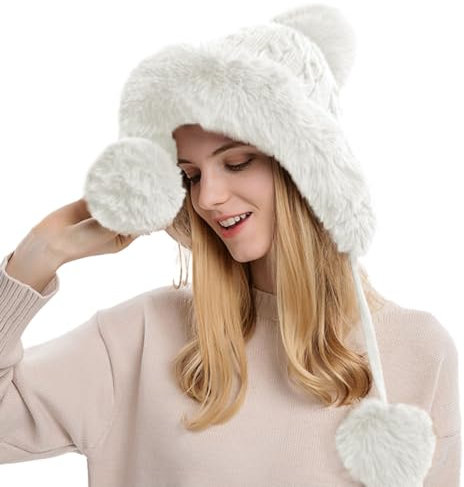 Rayson Damen Mütze Winter Warm Strickmütze mit Pompom Dick Wintermütze mit Gepolstertem Fleece Futter Winddicht Outdoor Ski Fahrrad(Weiß)