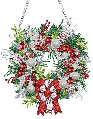 Starnearby 2 Stücke 5D DIY Diamond Painting Anhänger Weihnachten Kranz Set Diamond Painting Fensterbilder Ornamente Diamant Malerei Bilder für Wand Und Eingang Dekoration(2 Stücke Kranz F)
