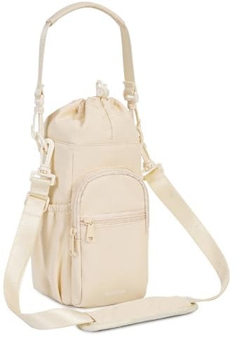 sportsnew Water Bottle Carrier with Shoulder Strap Insulated Water Bottle Holder Sling Bag 1L with Phone Pocket Water Bottle Pouch Sleeve for Walking Hiking, Pure Beige (Patent Pending)