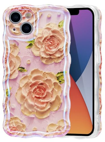 EYZUTAK Handyhülle für iPhone 13,Ölgemälde Pfingstrose Blume Handyhülle mit Glitzer Hülle Lockiges Wellen Rahmenform Soft TPU Case Ultradünne Silikon Stoßfeste Schutzhülle Bumper Cover-Rosa
