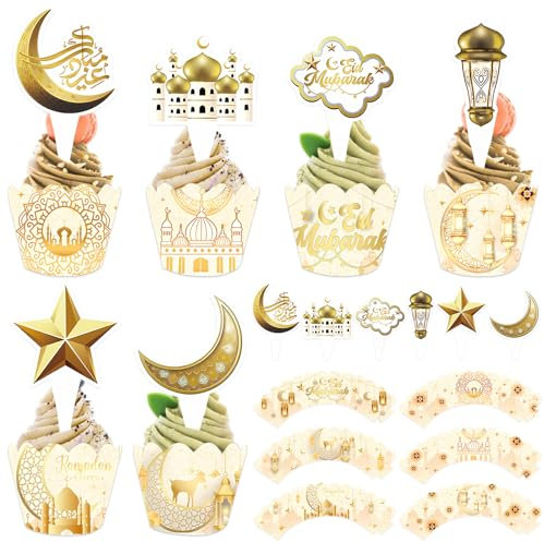 Lets Joy 12 Stück Eid Mubarak Topper, 12 Stück Ramadan Tortendeko Wrappers, Ramadan Kareem Topper Cupcake, Glitzer Muslim Islam Cupcake, Eid Mubarak Torten Party Dekoration