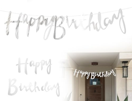Lhbwhiz Happy Birthday Banner,Glitter zum Aufhängen Girlande Geburtstags Partydeko,für Erwachsene und Kinder Geburtstag Party dekoration Banner(Silber)