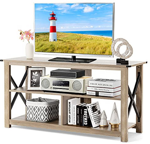 CASART TV Stand Cabinet for 55 Inch TVs, 3-Tier Wooden Media Stand with Shelves, X-Shaped Frame, Modern TV Console Table Industrial TV Unit for Living Room Bedroom (Grey Wash)