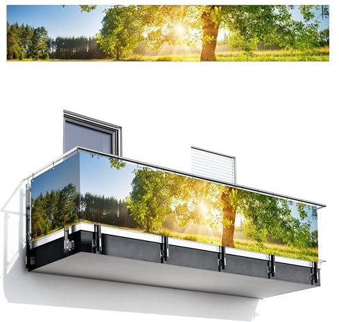 MuchoWow© Balkon Sichtschutz Einseitig 90x500 cm Groß PVC Seitenwand Terrassen für den Garten ohne Bohren Wetterfest Seitlich Zaun Terrasse Balkon Dekoration Baum - Sonnenuntergang - Landschaft