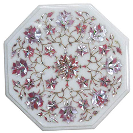 Table basse rose 30,5 x 30,5 cm avec incrustations en forme octogonale en marbre blanc