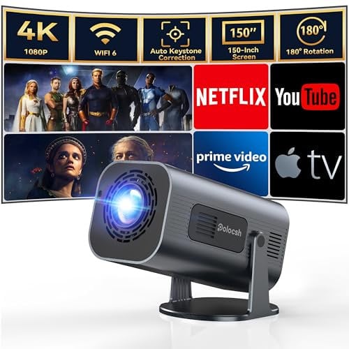 Polocsh Mini Portable Projector with Android TV 11,Native 1080P Auto Keystone & 180° Rotation,4K Support WiFi6 BT5.2 Built-in Speaker Smart Outdoor Movie Projector for Home Cinema/iOS/Android/HDMI/USB