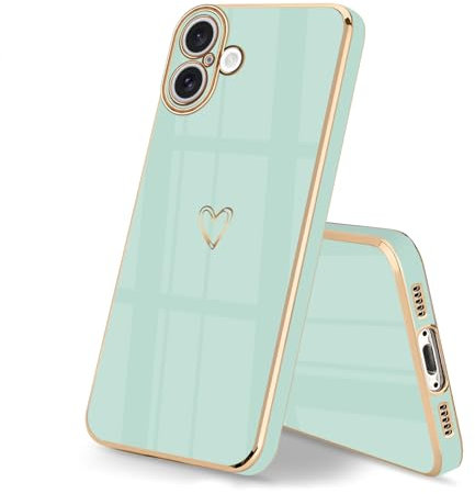 HopMore Silicone Case for iPhone 16 Phone Case with Cute Heart Pattern Designed Shell Slim Soft Shockproof Thin TPU Cover for iPhone 16, Mint Green