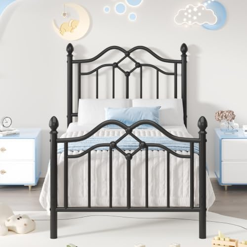 E-Motie Bett 90x200, Metallbett mit Kopf- und Fußteil, Lattenrost, Schwarz | Einzelbett 90x200 mit 26,5 cm hohem Unterbett-Stauraum, für Schlafzimmer und Gästezimmer, Metall Lattenrost, Geräuscharm