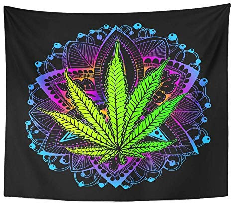 Green Weed Tapestry Trippy Plant Wall Hanging Colourful Marijuana Tapestries Cannabis Poster for Living Room Bedroom Ceiling Dorm Wall Decor