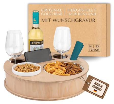RundumBar - INEXTERIOR CouchBar – Weinbar - handgefertigt in Deutschland - Zwei Snackschalen, Organizer und Flaschenhalter - Couchbutler couchorganizer Sofaablage Tablett (Natur Personalisiert)