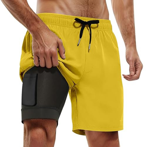 Short de Bain Homme 2 en 1, Maillot de Bain Homme Piscine Séchage Rapide avec Doublure de Compression Boxer de Bain Grande Taille Léger Shorts de Plage Natation Surf avec 2 Poches, Jaune XL