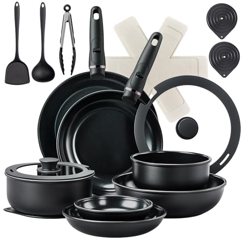 LEADZM Keramik Topfset Induktion,Pfannenset,Kochtopf Set | mit Deckel,Induktions Töpfe Set,23-Teilig,Alle Herde kompatibel, PFOS/PFOA frei(Noir)