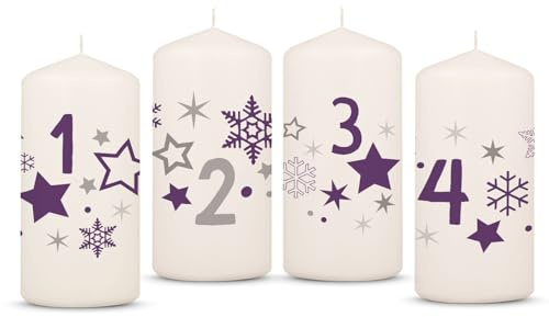 GRAVURZEILE Bedruckte Adventskerzen - Advent Sterne Lila - Weihnachtskerze für den Adventskranz 4er Set - Dekoration zu Weihnachten - Geschenk für Sie & Ihn - Stumpenkerze 120/58 mm