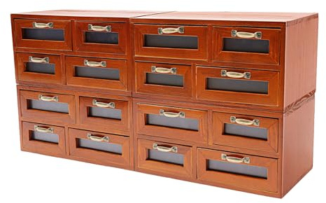 4 Stück Vintage Apothekerschrank Holz, 16 Schubladen mit Sichtfenster, Schreibtisch Organizer für Büro & Basteln, Retro Schubladenbox für Kleinteile, Aufbewahrung