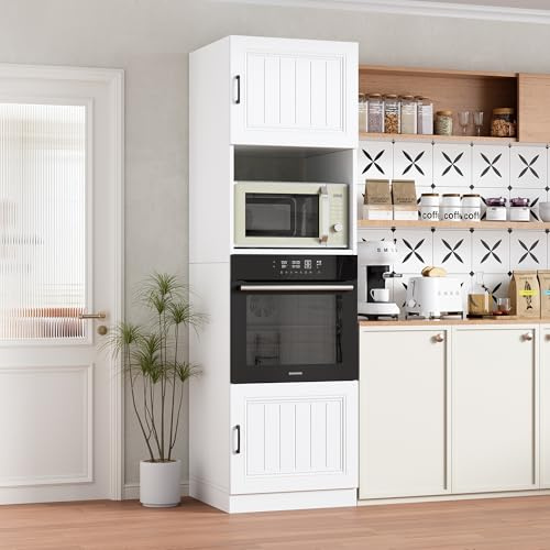 MSFE Colonna Forno e Microonde da Incasso,Mobile Alto da Cucina 60 * 57.2 * 207cm,Mobile Cucina Salvaspazio in Legno,Cucina a Buffet con 2 Ante e 2 Ripiani Bianco Opaco,Spedito in 2 Pacchi
