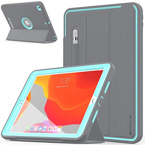 TECHGEAR D-FENCE Design For Apple iPad 10.2 2021/2020 / 2019 9th, 8th, 7th Generation, Slim Shockproof Tough Rugged Protective Armour Smart Case + Stand, Schools Builders Workman Kids Case [Aqua]