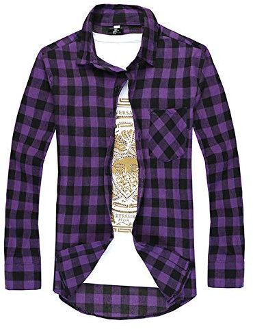 Loeay Camicie a Quadri alla Moda Camicia a Maniche Lunghe da Uomo a Maniche Lunghe Camicia Casual da Lavoro Casual Viola L