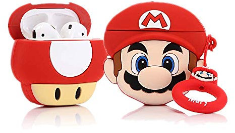 ZAHIUS Custodia Divertente in Silicone Airpods [2 Pacchi] Compatibile per Apple Airpods 1 & 2 [Modello di Cartone Animato 3D] [Best Gift for Girl Boy] (Super Mario/Super Mushroom)
