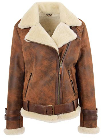House Of Leather Womens Real Sheepskin Jacket Aviator Cross Zip Biker Style Lena (16, Antique Brown)