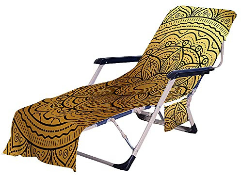 FANSU Mandala Schonbezug für Gartenliege Frottee Liegenauflage Garten Sonnenliege Handtuch mit 2 Taschen Stuhl Strandtuch für Schwimmbäder Strände Gartenhotels (Golden Licht,75x210cm)