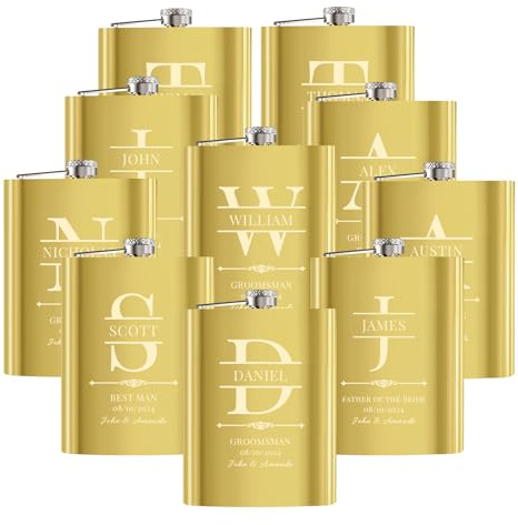 10 Pieces Personalised Hip Flasks for Groomsmen Gifts, 8oz Engraved Alcohol Flasks for Wedding, Customised Whisky Hip Flask for Bachelor Stag Party, Father of the Bride Gifts (Gold)