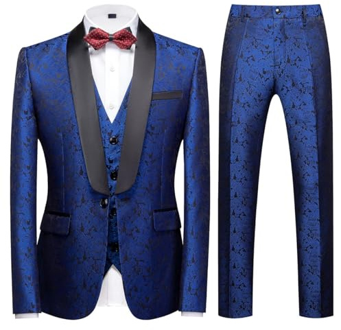Traje de esmoquin para hombre, 3 piezas, ajuste regular, ajustado, cachemira, jacquard, traje de esmoquin para boda, casual, negocios, cena, fiesta, blazer, chaleco, pantalones, conjunto de traje azul