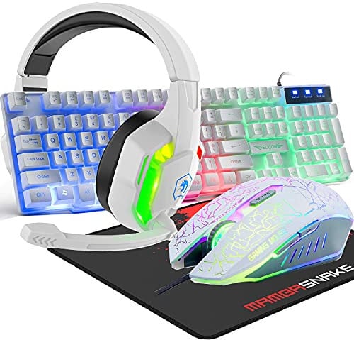 Gaming-Tastatur mit Kabel, 104 Tasten, 3D-Stereo-Gaming-Headset, Combo mit Multi-RGB-Hintergrundbeleuchtung, ergonomisches verstellbares Mikrofon, 2400 DPI, großes Mauspad, wasserdicht, für PC