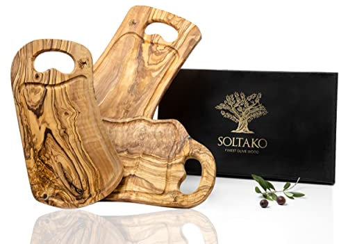SOLTAKO Schneidebrett Olivenholz mit Griff [3er Set - 35/40 / 45cm] Carthage natur, Brett aus Oliven Holz, Steakbrett, Servierbrett