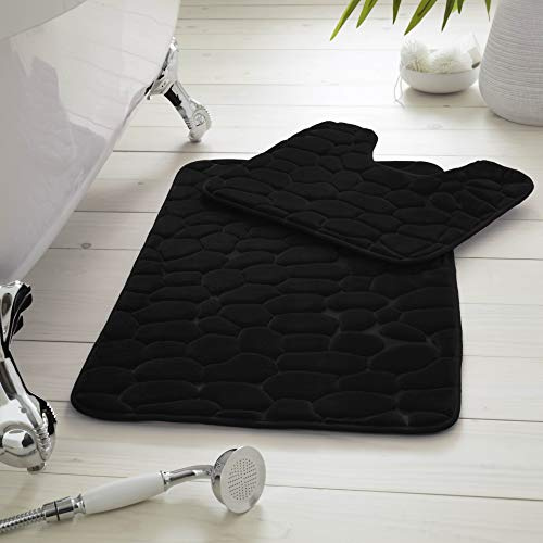 GC GAVENO CAVAILIA Premium 2 Piece 100% Memory Foam Pebble Bath Set, Super Soft Anti Slip Bathroom Toilet Rug Pedestal Mat, Black