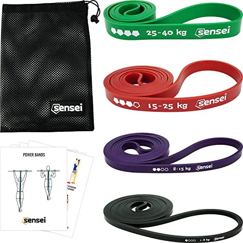 SENSEI® Kit de Bandes de Résistance – Élastiques Musculation pour Entraînement de Force & Traction – 4 Pièces 1-40 kg avec Guide d'Exercices