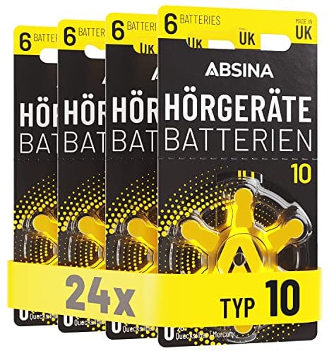 ABSINA Hörgerätebatterien 10 24 Stück mit gut greifbarer Schutzfolie - Hörgeräte Batterien 10 Zink Luft mit 1,45V - Typ 10 Batterien Hörgeräte Gelb - PR70 ZL4 P10 Hörgerätebatterien