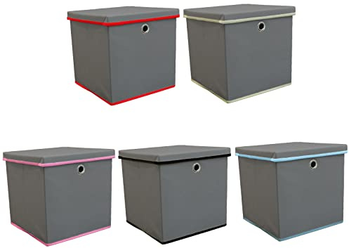 A406 4 x Collapsible Grey storage Box with Lid Foldable storage cube with Lid Fabric Storage box with Lid 30x30x30cm (Grey/Beige)