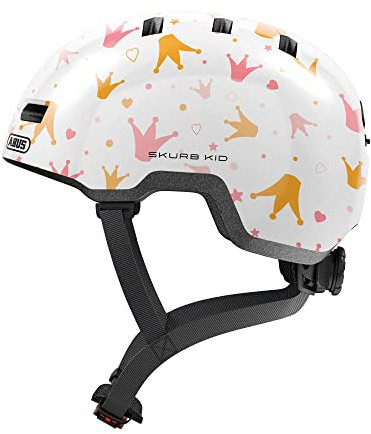 ABUS Kinderhelm Skurb Kid - robuster Fahrradhelm im Skater-Look mit Platz für einen Zopf und vielfältigen Designs - für Mädchen und Jungen - Weiß mit Kronenmuster, Größe M, M (50-55 cm)