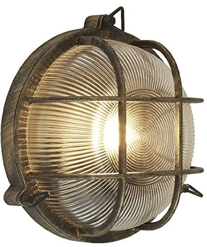 Britalia Antique Brass & Ribbed Glass Outdoor Vintage Round Flush Bulkhead Wall Light | 280mm Diameter | IP44 Rated | 1 x ES E27 Lamp Bulb Required | Bathroom Use | UK Approved