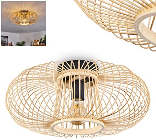Deckenleuchte Oravi, runde Deckenlampe aus Metall/Bambus in Schwarz/Natur, 1-flammig, E27-Fassung, Ø 40 cm, Leuchte im Retro/Vintage-Design mit tollem Lichteffekt durch Gitter-Optik, ohne Leuchtmittel