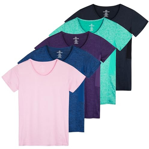 Real Essentials 5 Pack: Women's Dry Fit Tech Stretch Short-Sleeve Crew Neck Athletic T-Shirt (Available in Plus Size), Set 15, M