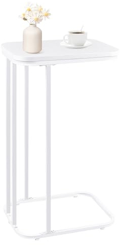 KJGKK C Shaped End Table, 27 Inches High Small Side Table for Sofa and Bed, Couch Table That Slides Under, Tall Tv Tray Table for Living Room, Bedroom, Small Spaces, Metal Frame, Ivory White