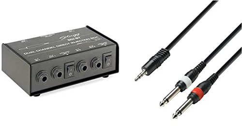 Stagg SDI-ST 2-Kanal DI Box mit Mono/Stereo Schalter & Adam Hall Cables K3YWPP0300 Audiokabel 3,5mm Klinke stereo auf 2 x 6,3mm Klinke mono 3m
