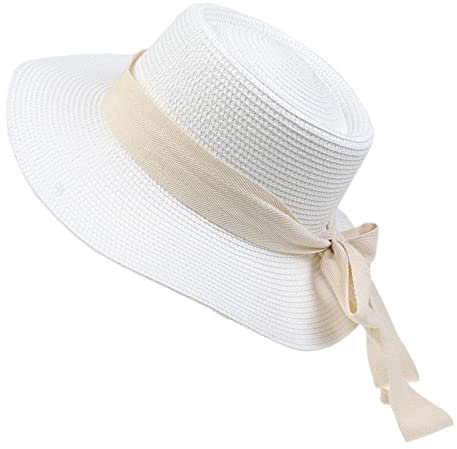 NiceYnn Chapeau de Soleil Panama en Paille Chapeau à Large Bord Respirant Ruban Amovible Blanc