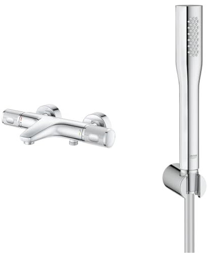 GROHE Precision Feel - Thermostat-Wannenbatterie, chrom, 34788000 & Euphoria Cosmopolitan - Handbrause (wassersparend, inkl. Brauseschlauch und Handbrausehalter, Antikalk-System), chrom, 27369000