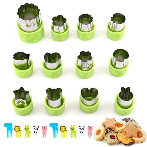12PCS Vegetable Fruit Cutter Shapes Set, Kids DIY Vegetable Cutter Shapes Set, Stainless Steel Fruit Cutting Die Kitchen Baking Tools with 10pcs Cartoon Food Forks