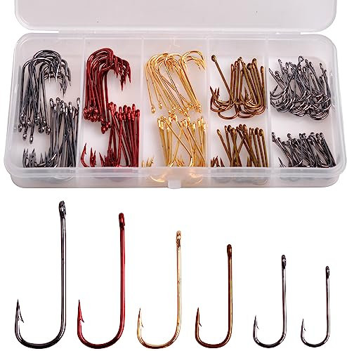 Aberdeen Hook Set,150pcs Fishing Hooks Long Shank Offset Hook Light Wire Fish Hook High Carbon Steel Freshwater Bass Catfish Trout Mix Color Small Size